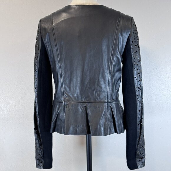 Hinge Womens Motorcycle Jacket Black Leather Full Zip Laser Cut Lined Size M NWT - Picture 2 of 16